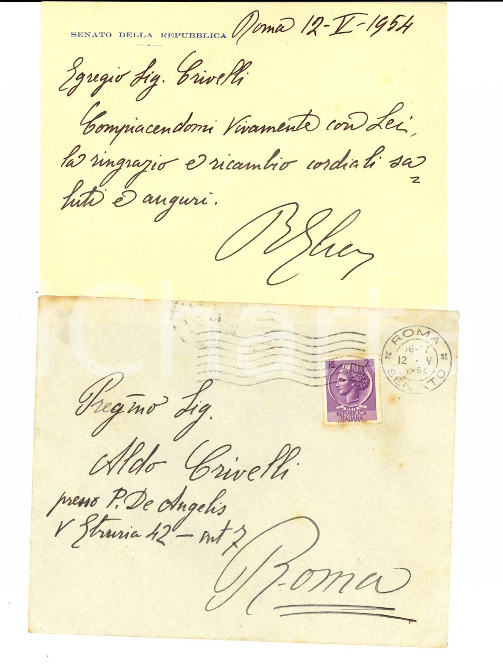 Autografo originale 1954 ROMA Biglietto del sen. Raffaele ELIA ad Aldo CRIVELLI *AUTOGRAFO 1