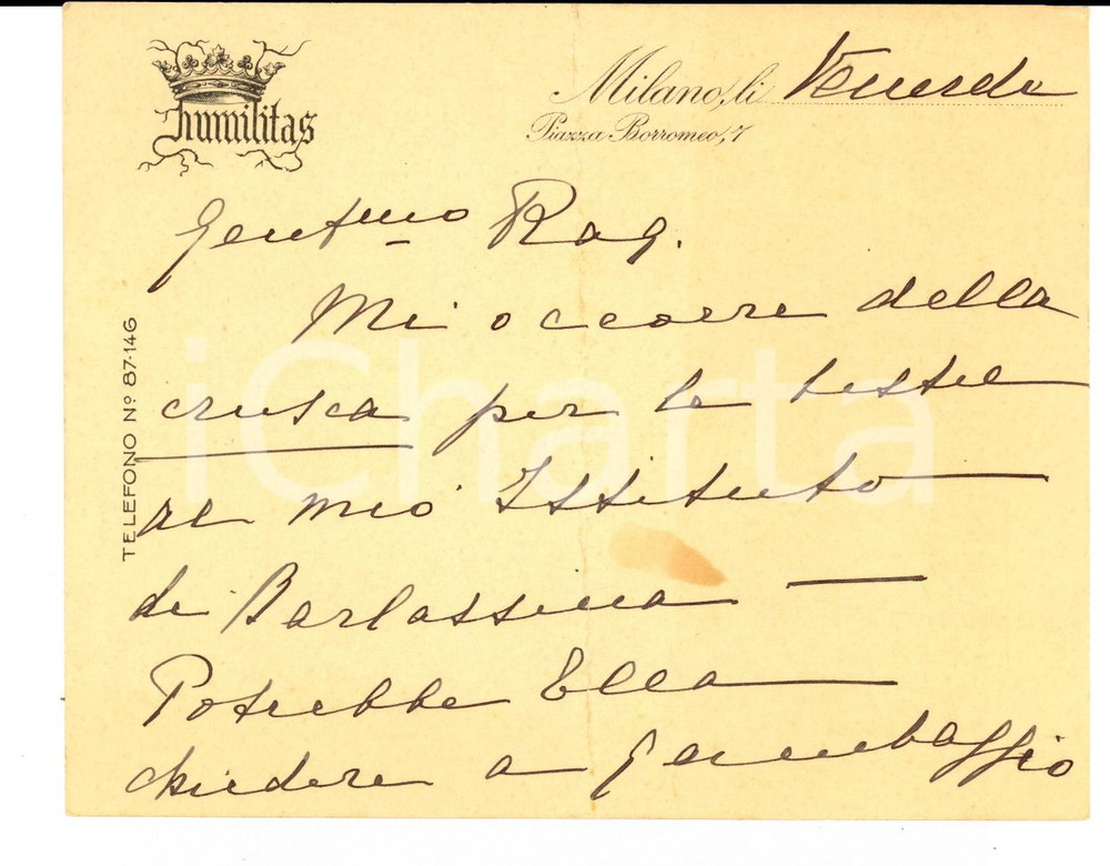 Autografo originale 1940 ca MILANO Margherita BORROMEO chiede crusca per BARLASSINA *AUTOGRAFO 1