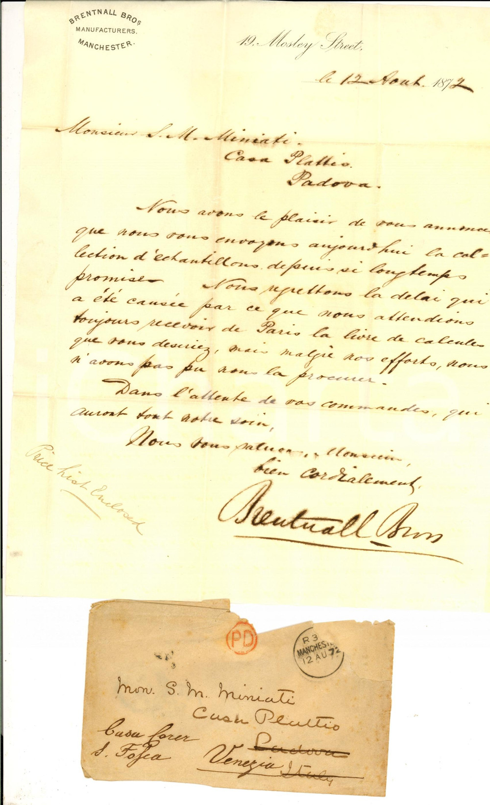 Manoscritto, lettera originale 1877 MANCHESTER (UK) Ditta BRENTNALL BROTHERS invia campionario *Lettera 1