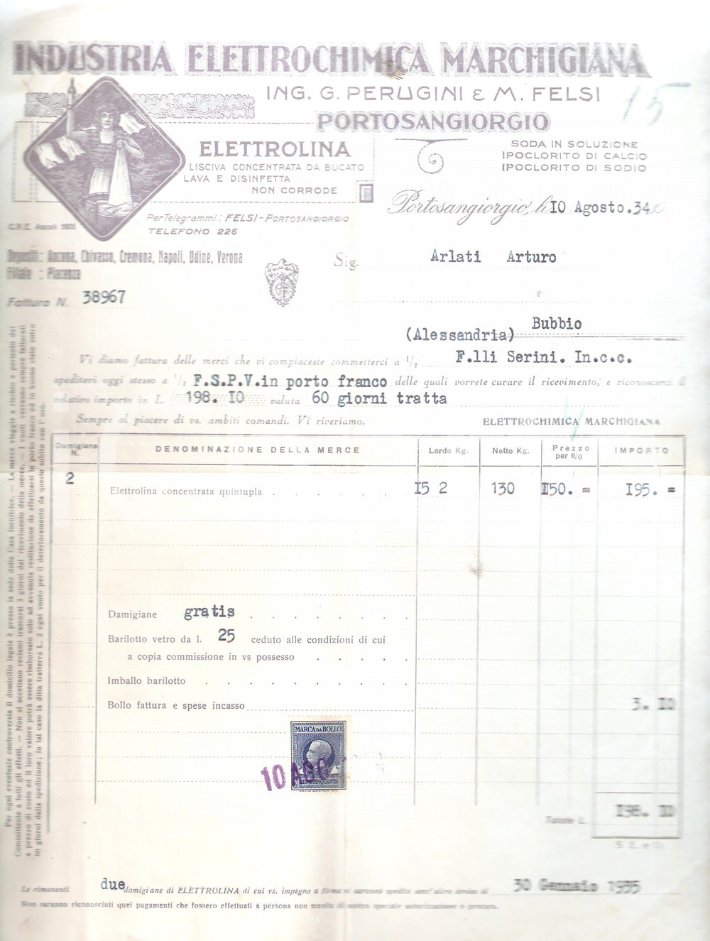 Documento originale, autentico 1934 PORTO SAN GIORGIO Industria Elettrochimica Marchigiana ELETTROLINA Fattura 1