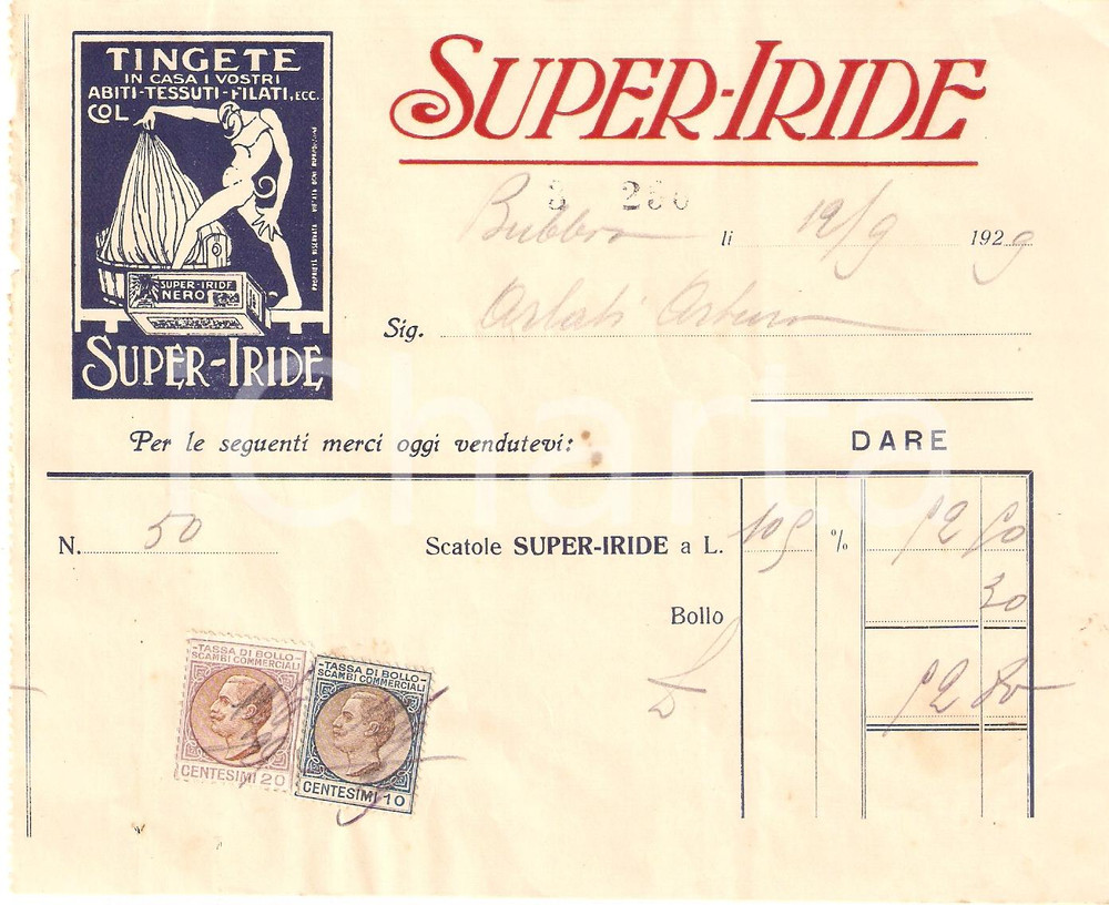 Documento originale, autentico 1929 PRATO Azienda SUPER IRIDE Tintura per tessuti ILLUSTRATA Fattura 1