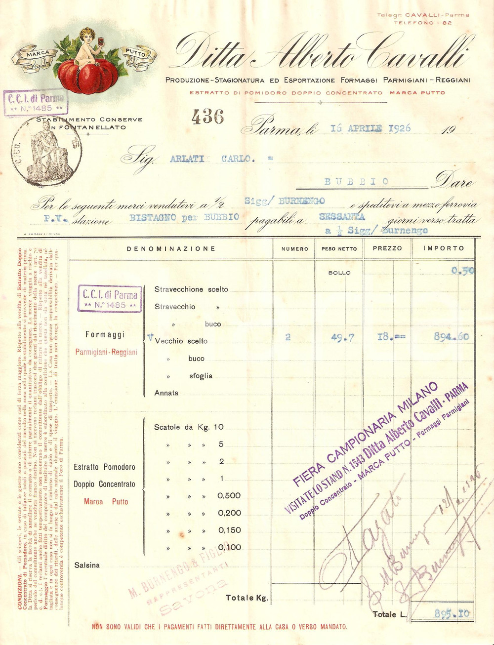 Documento originale, autentico 1926 PARMA Ditta Alberto CAVALLI Marca PUTTO Estratto di pomodoro Fattura 1