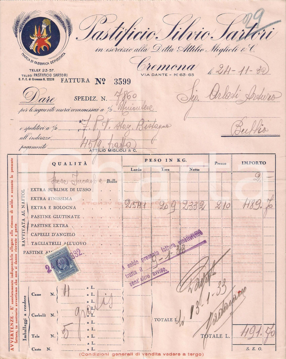 Documento originale, autentico 1932 CREMONA Pastificio Silvio SARTORI Pasta ravvivata al NAFTOL Fattura 1