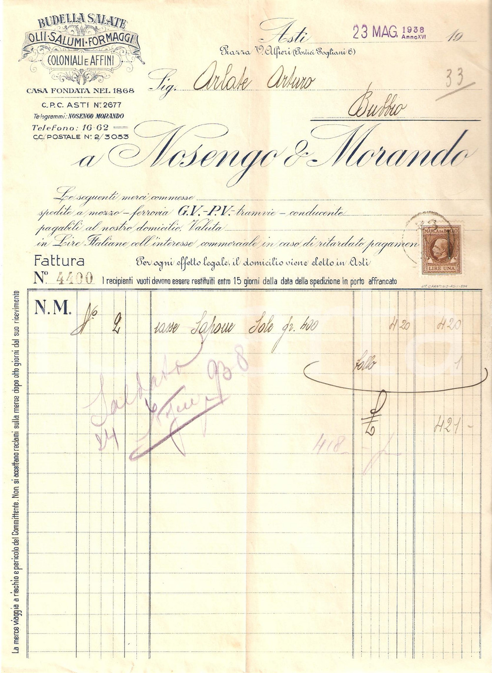 Documento originale, autentico 1938 ASTI Ditta NOSENGA E MORANDO Budella salate Coloniali e affini *Fattura 1 1