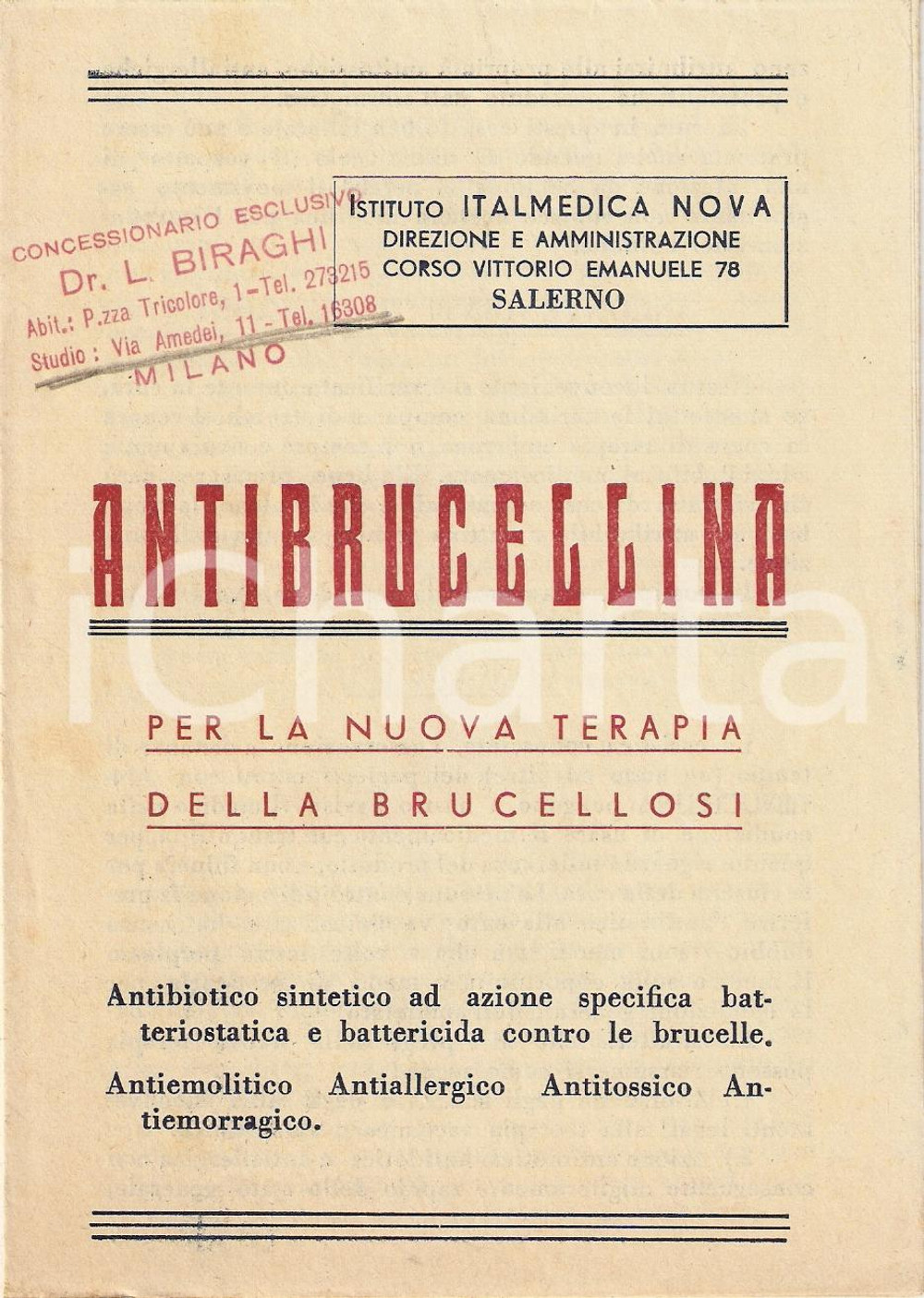 Materiale pubblicitario d’epoca 1955 ca SALERNO Istituto ITALMEDICA NOVA Farmaco ANTIBRUCELLINA Pieghevole 1