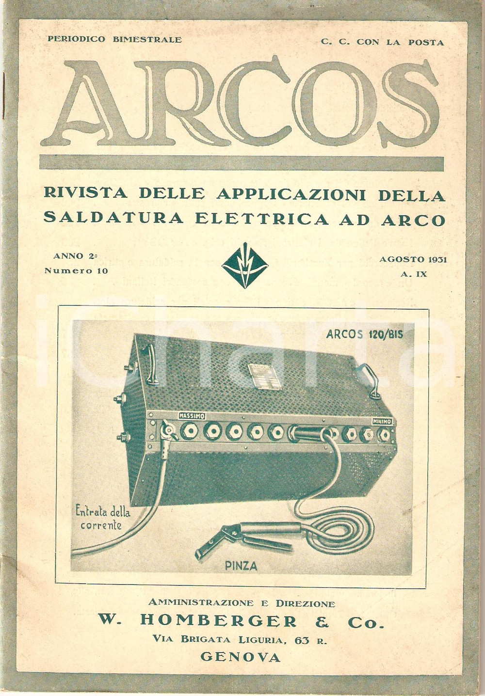 Giornale, rivista storica 1931 GENOVA Rivista ARCOS n.10 Saldatura elettrica ad arco HOMBERGER 1