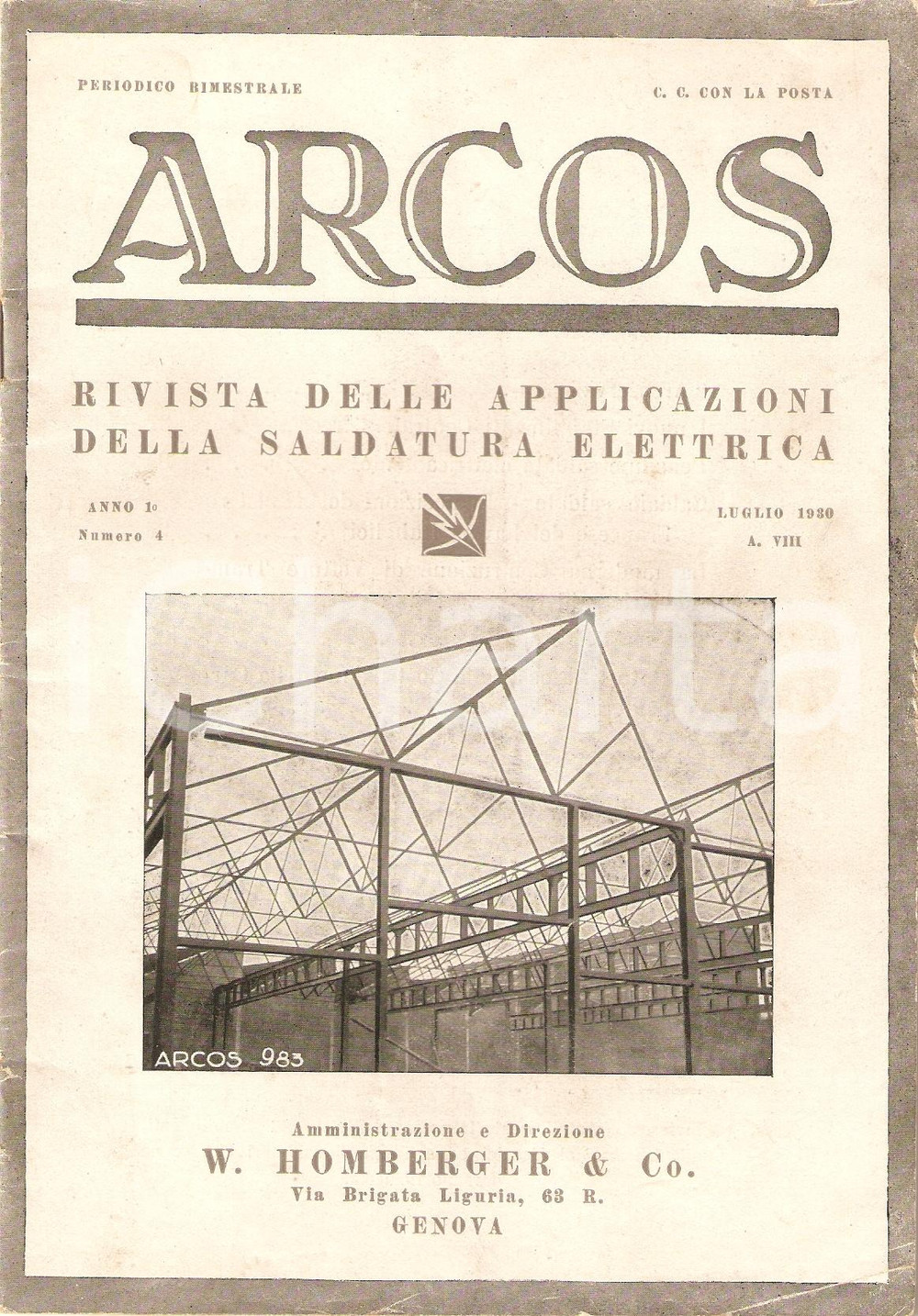 Giornale, rivista storica 1930 GENOVA Rivista ARCOS n.4 Saldatura elettrica Azienda HOMBERGER 1