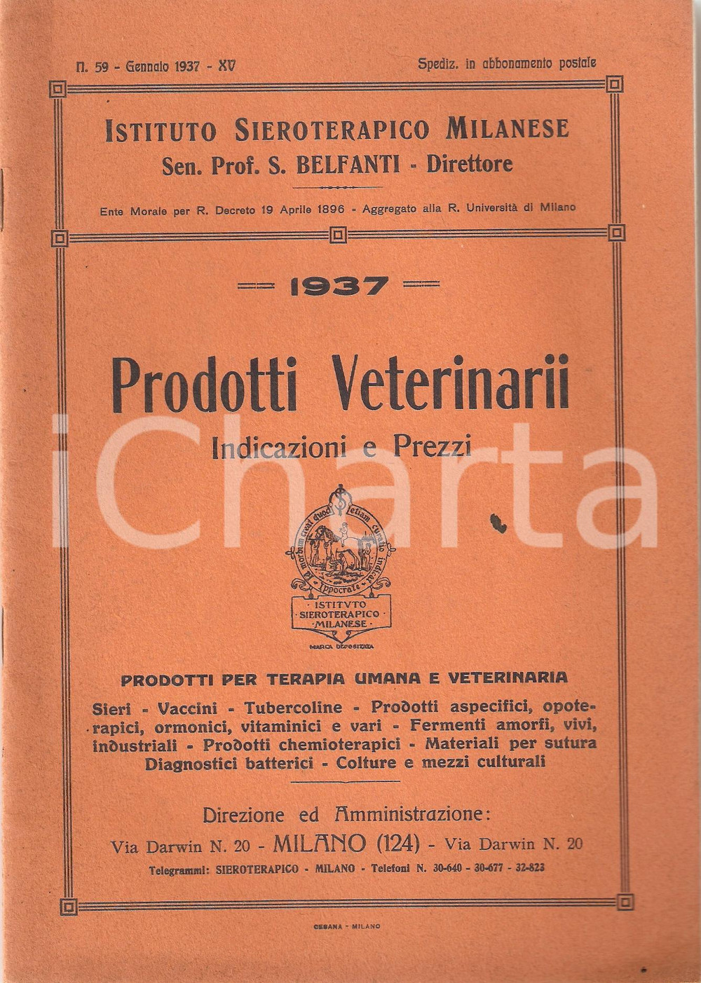 Materiale pubblicitario d’epoca 1937 MILANO Istituto SIEROTERAPICO Prodotti veterinari Listino prezzi 1