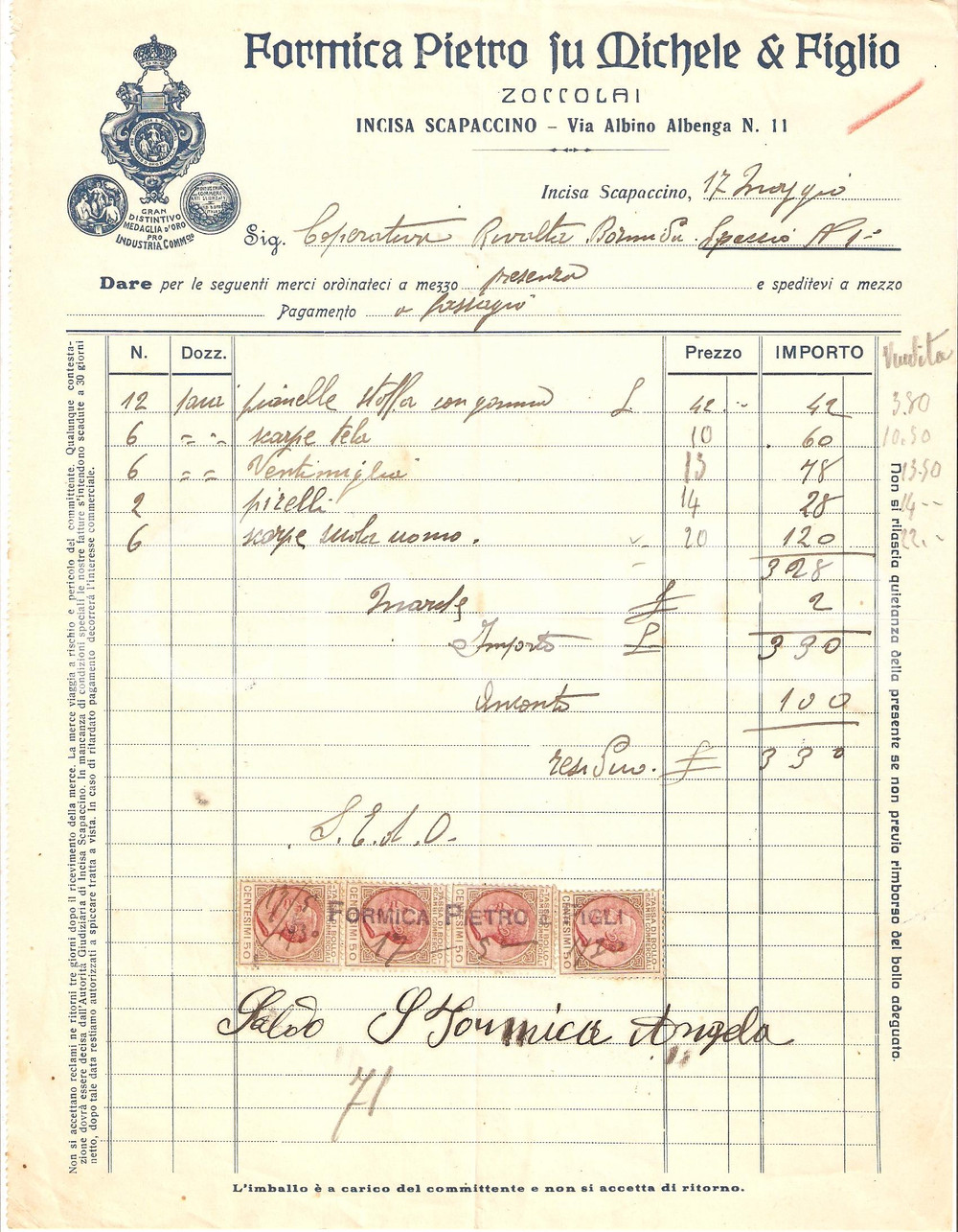 Documento originale, autentico 1930 INCISA SCAPACCINO (AT) Zoccolai Pietro FORMICA e figlio Fattura ILLUSTRATA 1