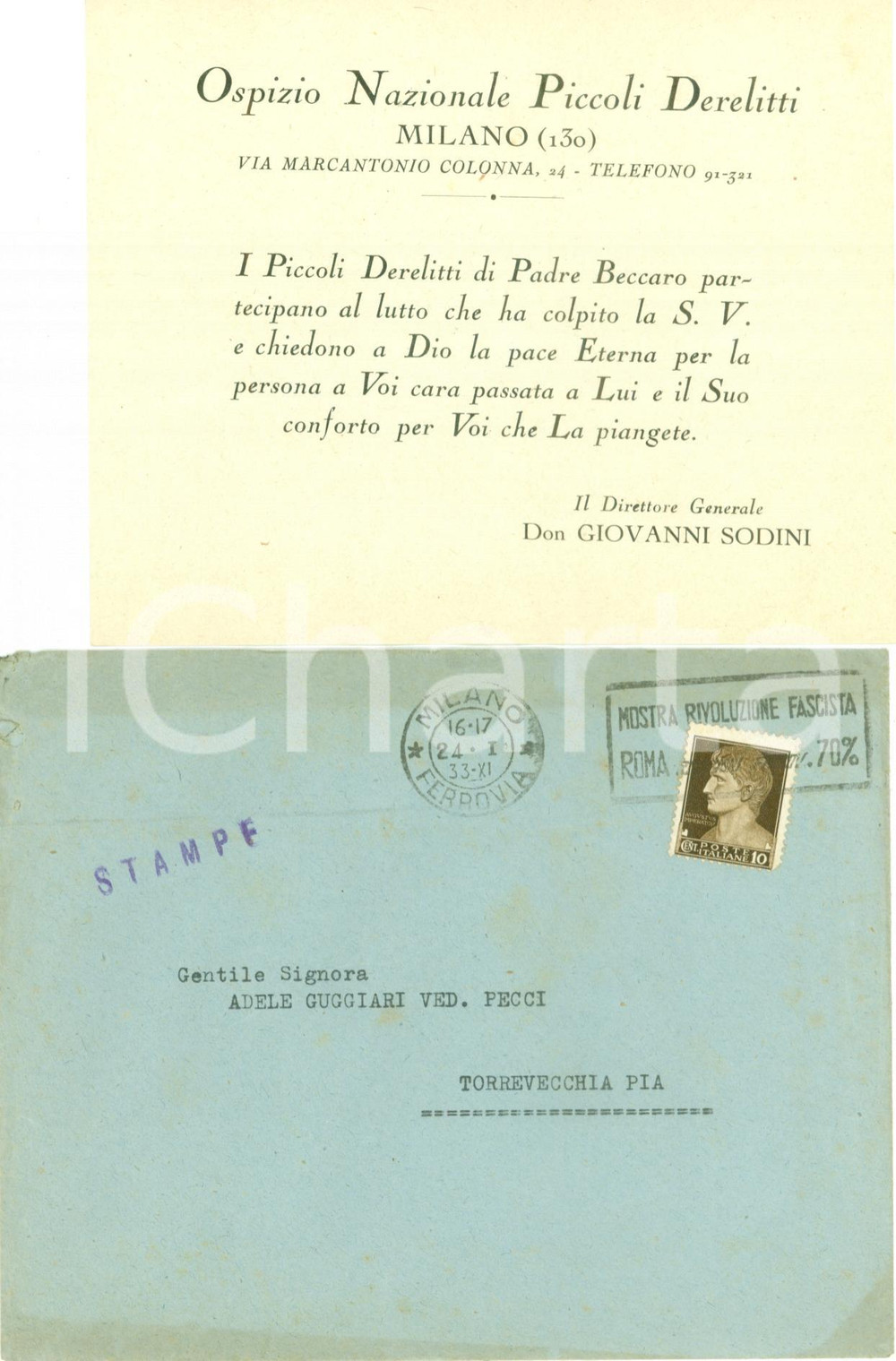 Documento originale, autentico 1933 MILANO Ospizio Nazionale Piccoli Derelitti PADRE BECCARO condoglianze 1