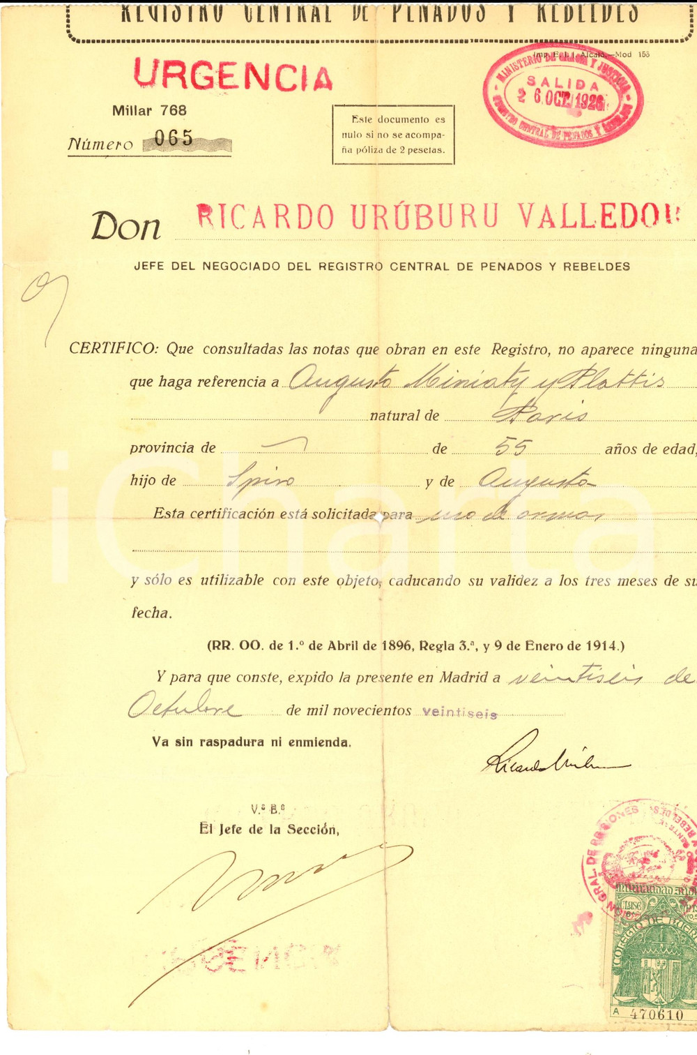 Documento originale, autentico 1926 MADRID ES Fedina penale di Augusto MINIATI PLATTIS Documento 1