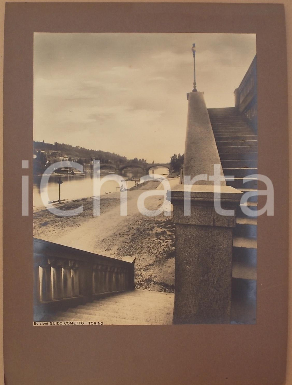 Fotografia d epoca originale 1940 ca TORINO Ponte UMBERTO I sul Po con imbarco Foto ed. Guido COMETTO 1