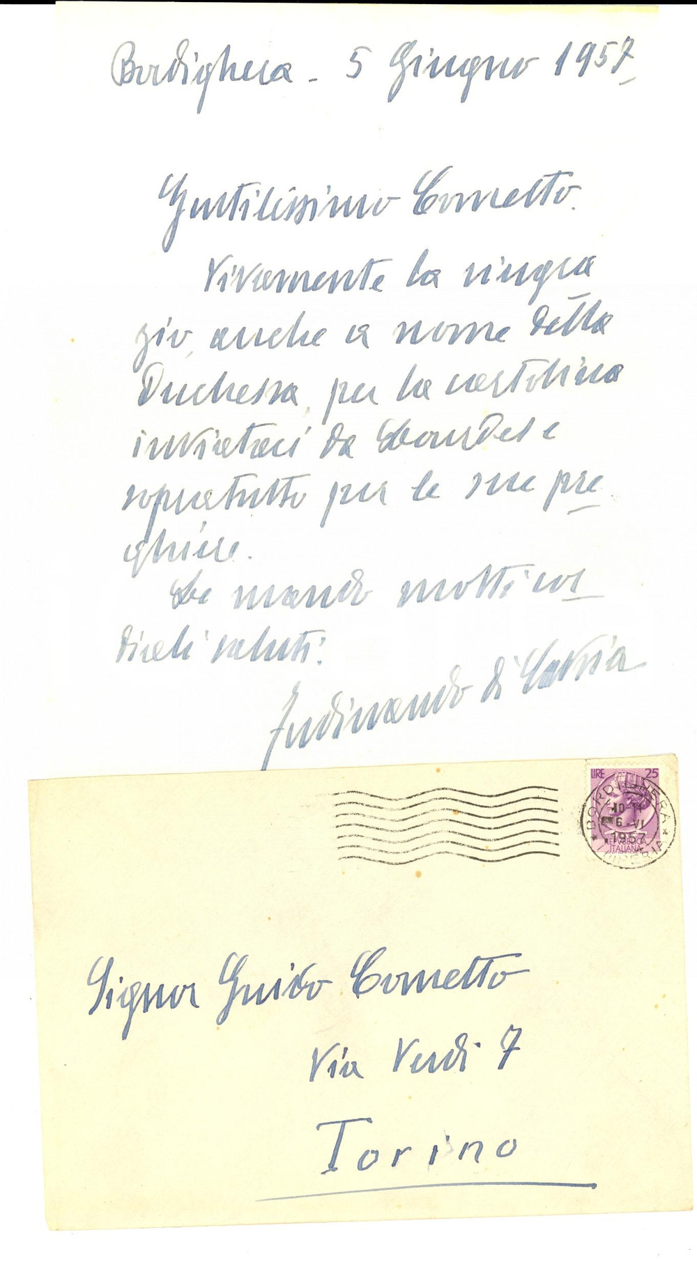 Autografo originale 1957 BORDIGHERA Ferdinando di SAVOIAGENOVA ringrazia per cartolina AUTOGRAFO 1