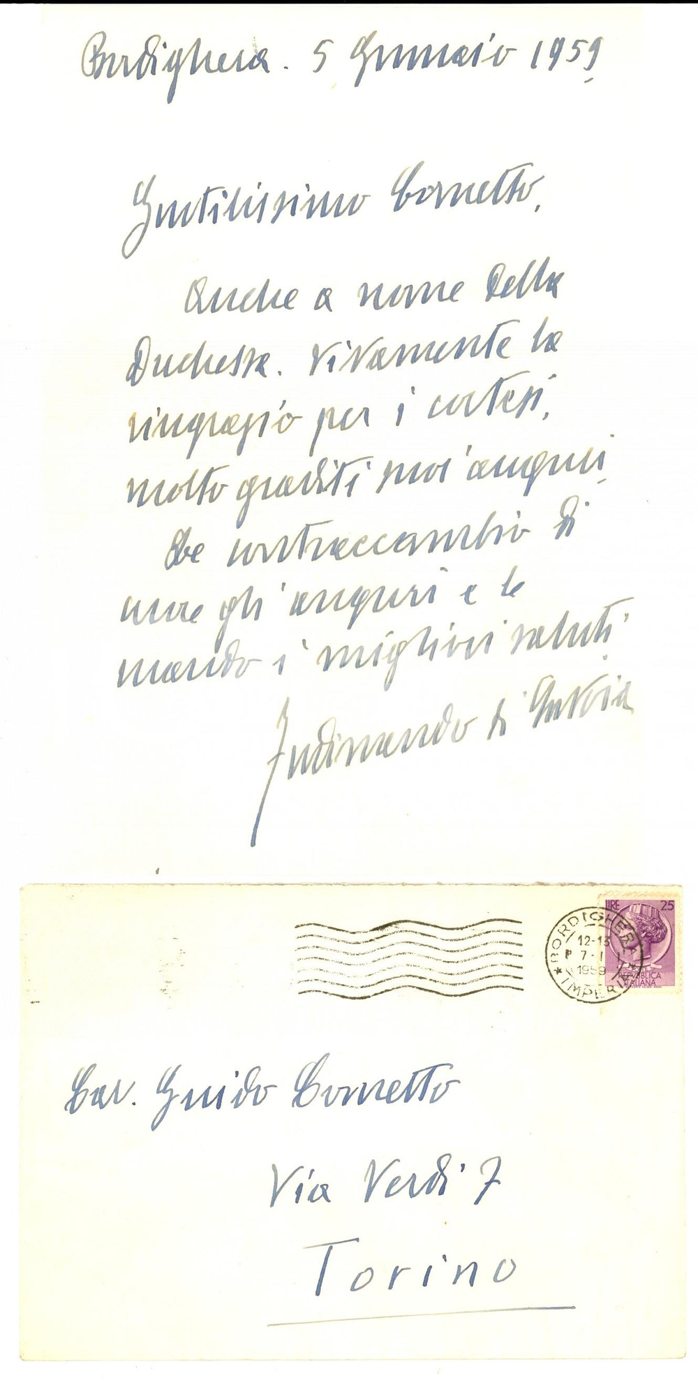 Autografo originale 1959 BORDIGHERA (IM) Ferdinando di SAVOIA-GENOVA auguri natalizi *AUTOGRAFO 1