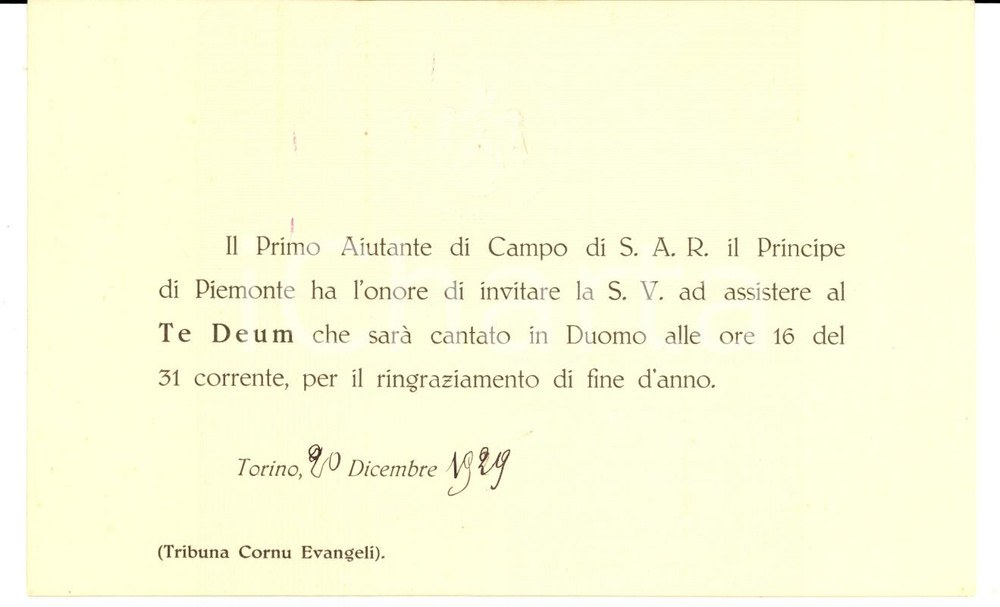 Documento originale, autentico 1929 DUOMO DI TORINO Canto del Te Deum per la fine dell anno Invito 1