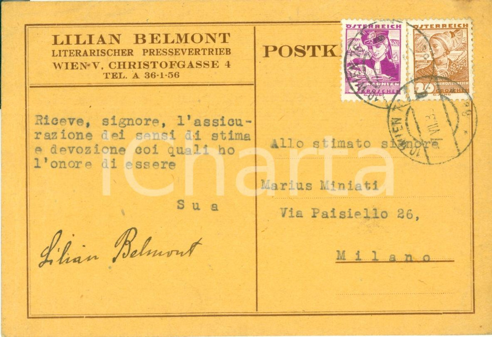 Autografo originale 1935 ca WIEN O Lilian BELMONT vuole tradurre novelle Marius MINIATI AUTOGRAFO 1