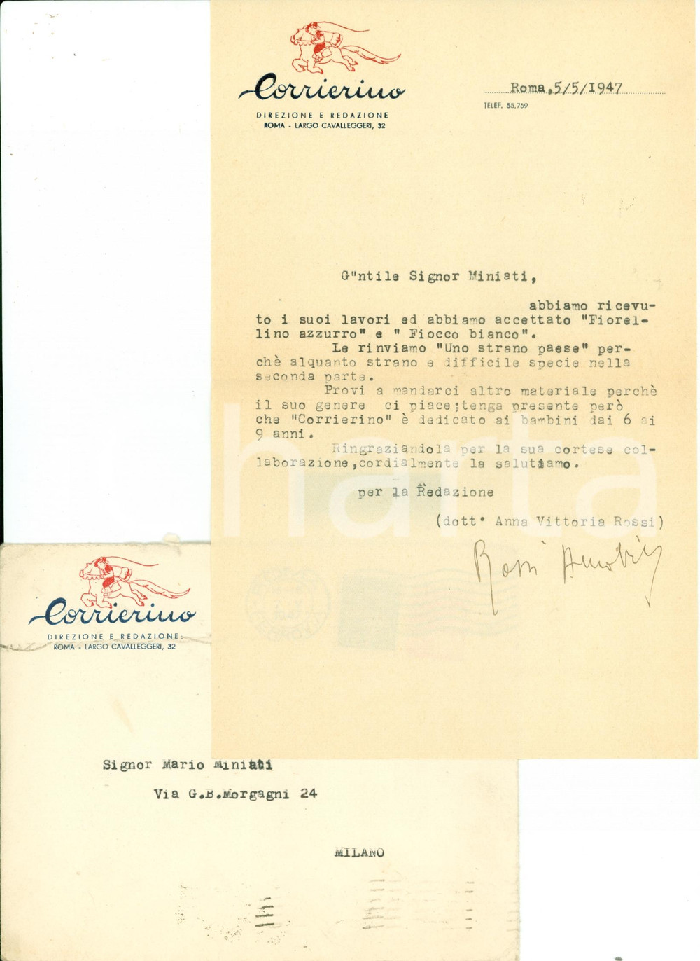 Autografo originale 1947 MILANO CORRIERINO Anna Vittoria ROSSI accetta novelle Marius MINIATI AUTOGR 1
