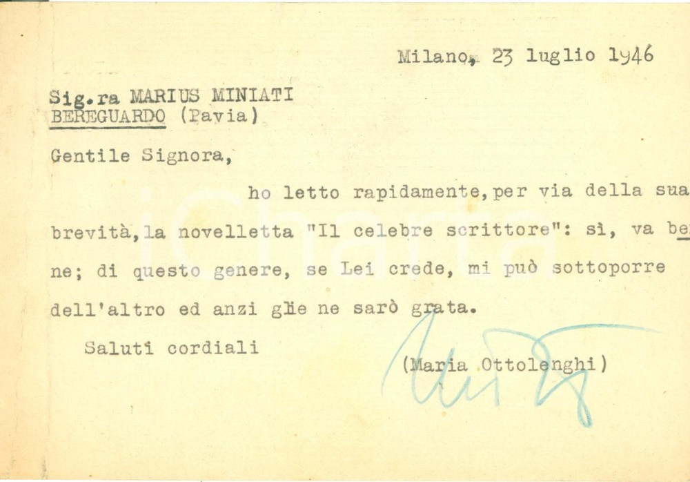 Autografo originale 1946 MILANO Maria OTTOLENGHI direttrice rivista LEI a Marius MINIATI *AUTOGRAFO 1