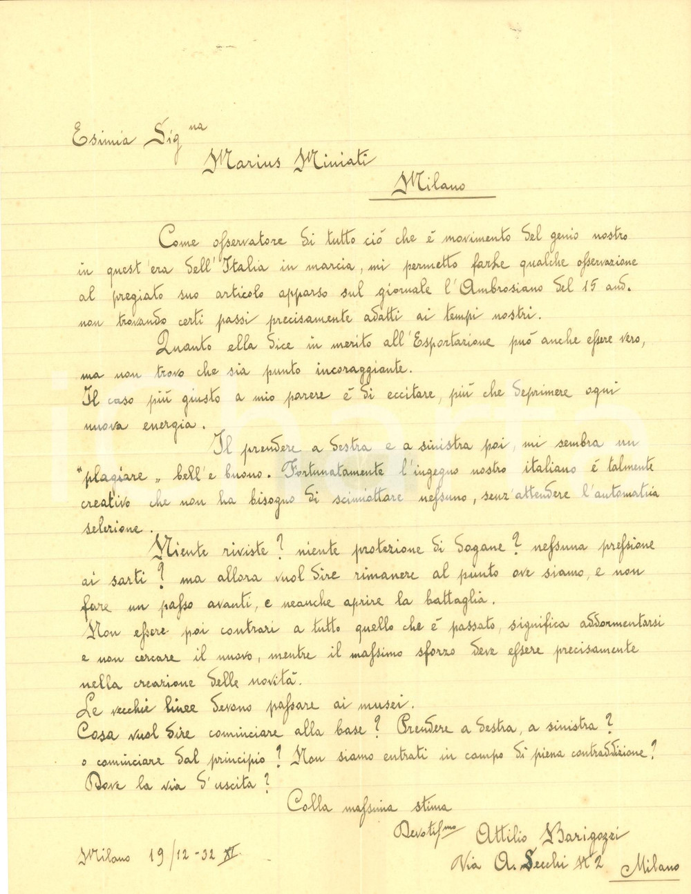 Documento originale, autentico 1932 MILANO Attilio BARIGAZZI difende vantaggi esportazione Lettera autografa 1