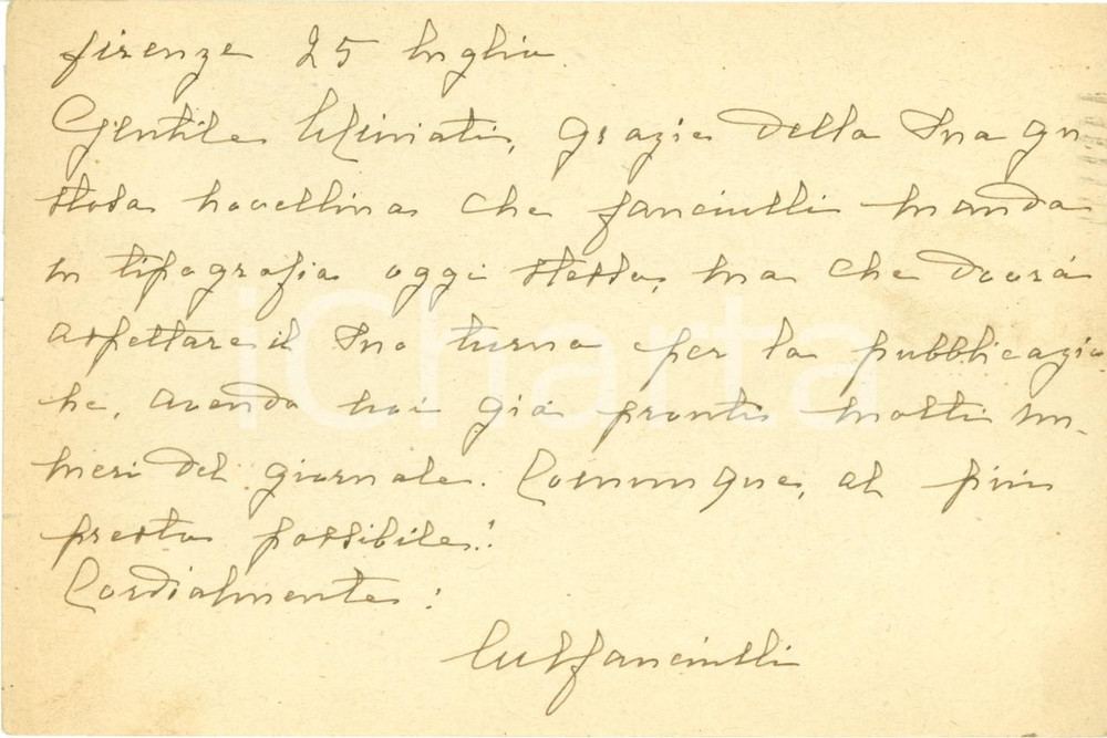 Autografo originale 1947 FIRENZE CORRIERE RAGAZZI MarialÃ¹ FANCIULLI a Marius MINIATI *Autografo 1