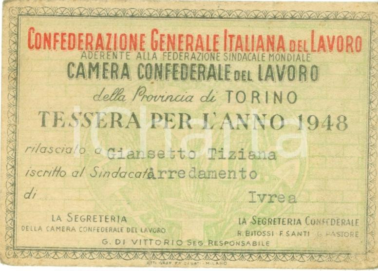 Oggetto da collezione cartaceo 1948 IVREA TO Tessera CGIL Tiziana GIANSETTO arredamento 1