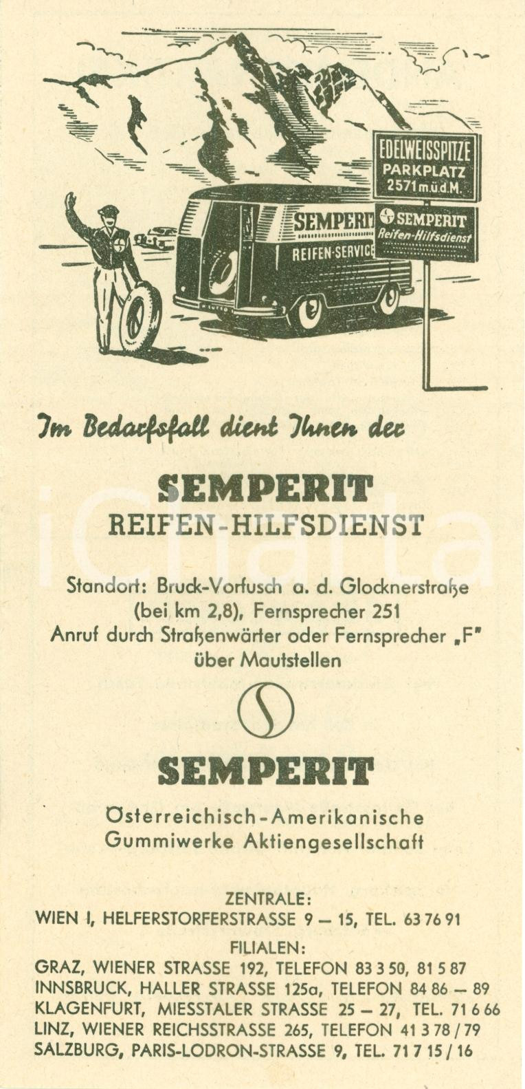 Materiale pubblicitario d’epoca 1950 ca GROSSGLOCKNERHOCHALPENSTRASSE Pneumatici SEMPERIT Pieghevole ILLUSTRATO 1