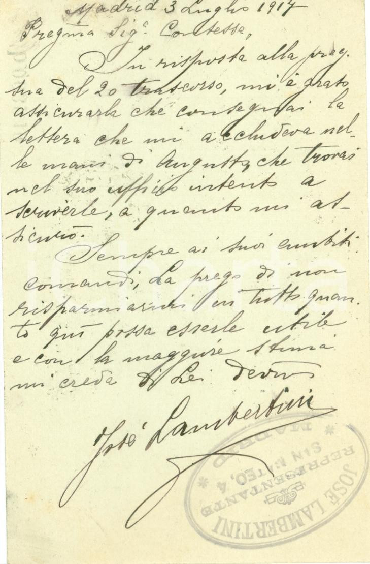 Documento originale, autentico 1914 MADRID SPAGNA José LAMBERTINI a Augusta PLATTIS MINIATI Cartolina 1