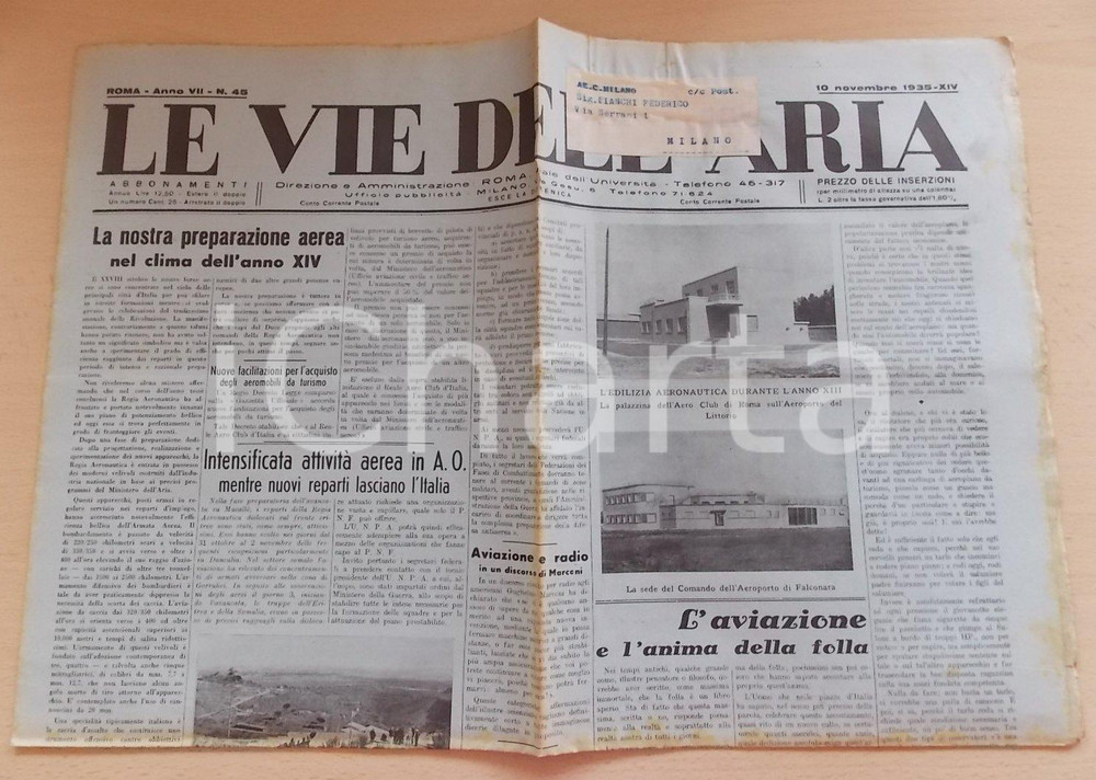 Giornale, rivista storica 1935 LE VIE DELL ARIA Riflessioni su Salone Aeronautico di MILANO Giornale 1