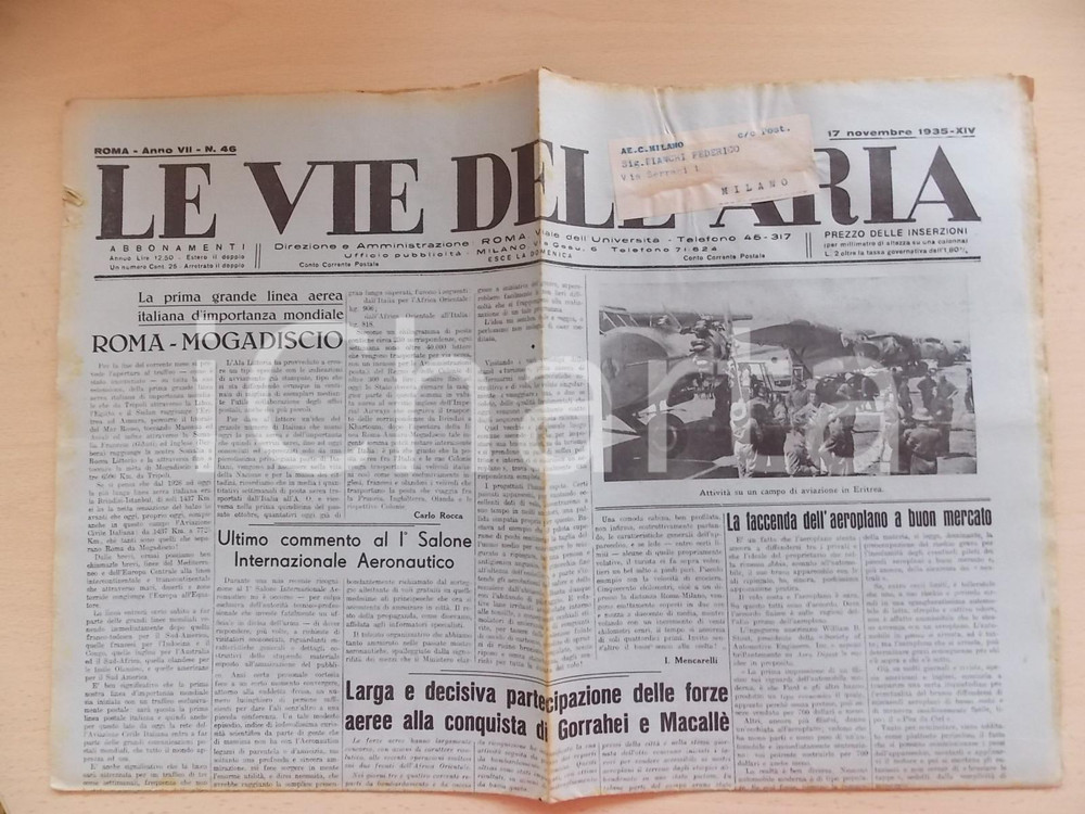 Giornale, rivista storica 1935 LE VIE DELL ARIA Aviazione italiana conquista GOHARREI e MACALLE  Giornale 1