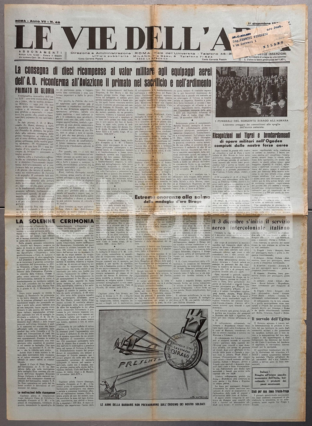 Giornale, rivista storica 1935 LE VIE DELL'ARIA Medaglie d'oro per equipaggi aerei AFRICA ORIENTALE 1