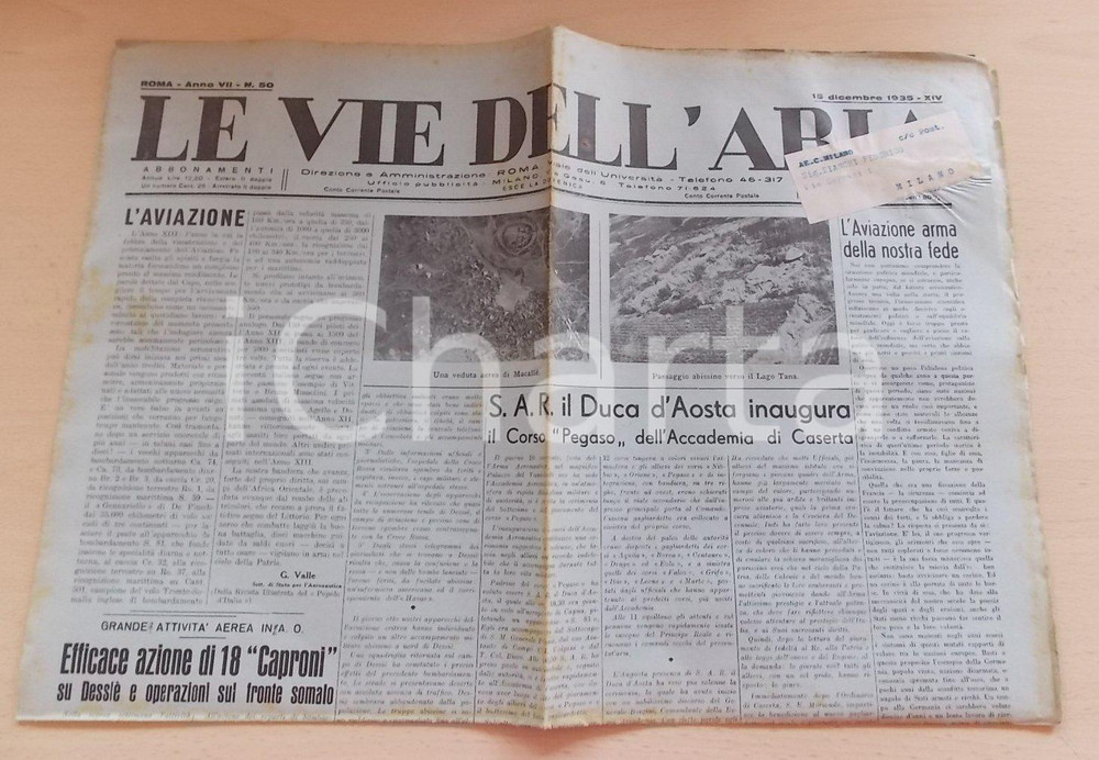 Giornale, rivista storica 1935 LE VIE DELL'ARIA Duca d'AOSTA inaugura Corso PEGASO Accademia di CASERTA 1