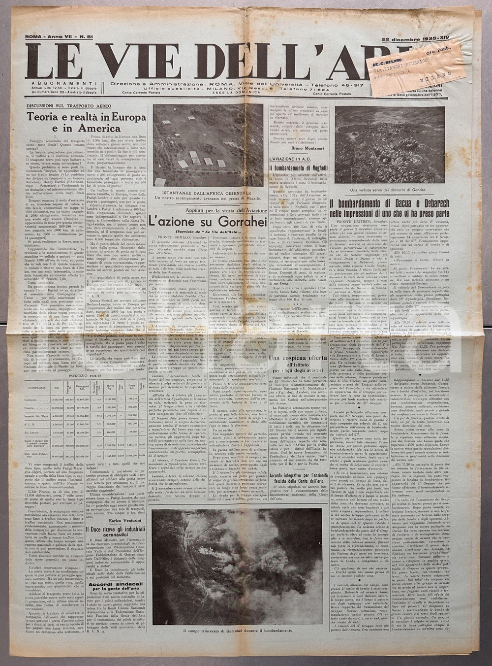 Giornale, rivista storica 1935 LE VIE DELL ARIA Bombardamenti aerei di DACUA e DEBARECH aviazione italiana 1