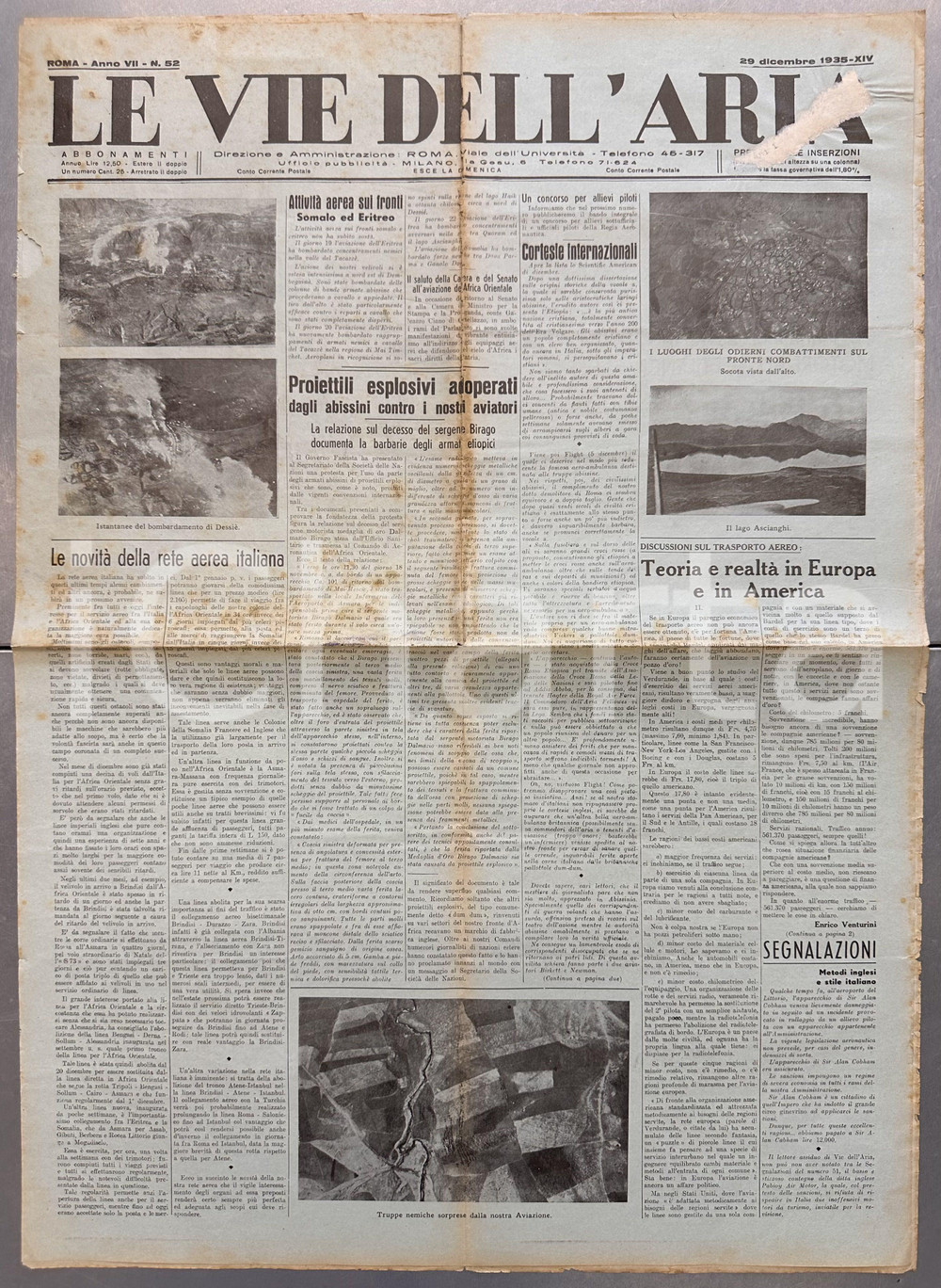 Giornale, rivista storica 1935 LE VIE DELL ARIA Proiettili esplosivi abissini uccidono Dalmazio BIRAGO 1