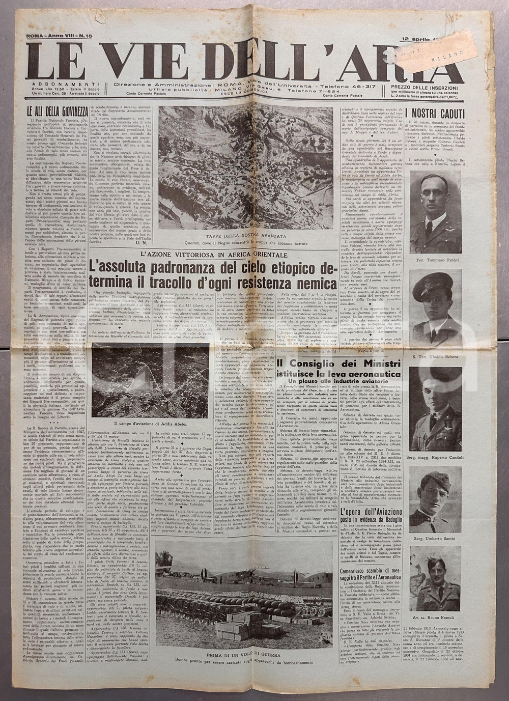 Giornale, rivista storica 1936 LE VIE DELL'ARIA Aviazione Italiana domina cieli d'ETIOPIA *Giornale 1
