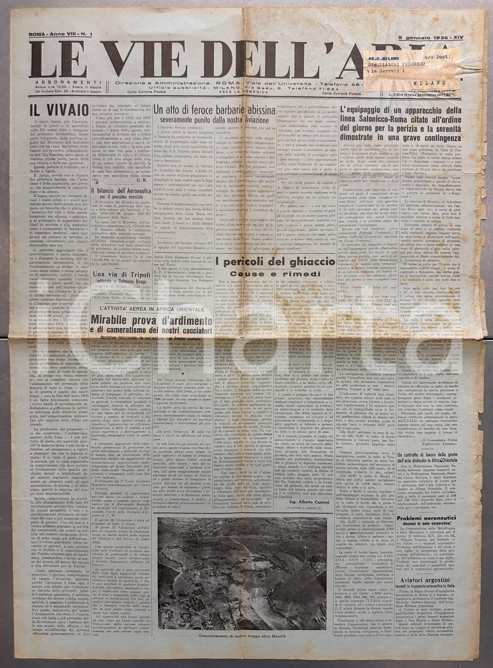 Giornale, rivista storica 1936 LE VIE DELL ARIA Prodezze aeree Fortunato FEDERIGI volo per SALONICCO 1