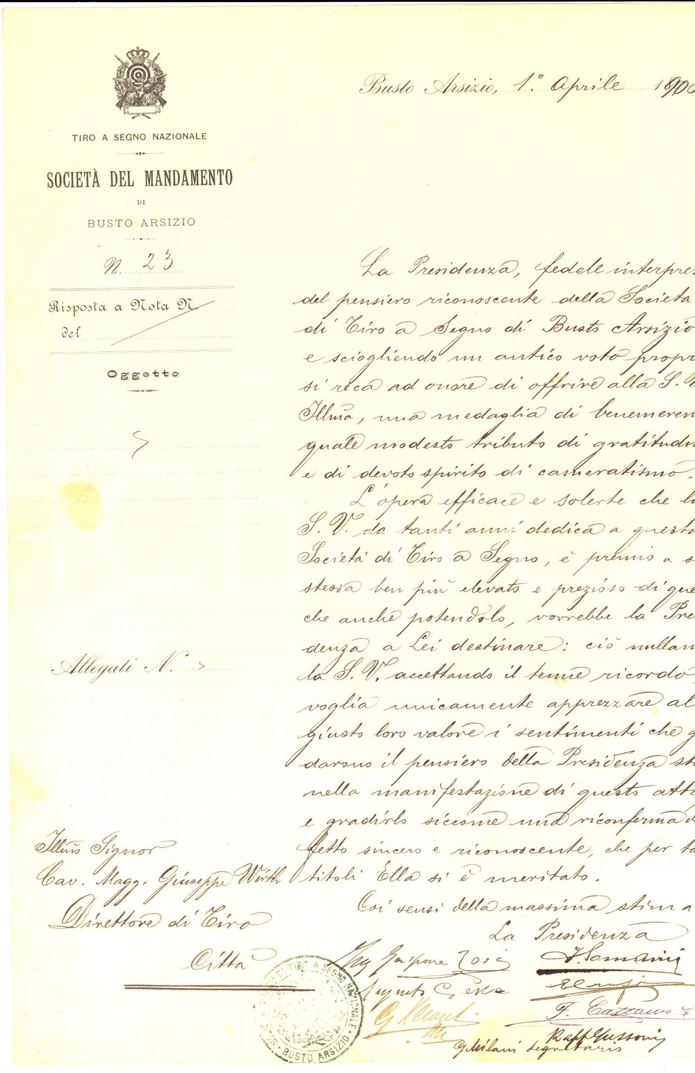 Documento originale, autentico 1900 BUSTO ARSIZIO (VA) Medaglia a Giuseppe WIRTH per TIRO A SEGNO nazionale 1