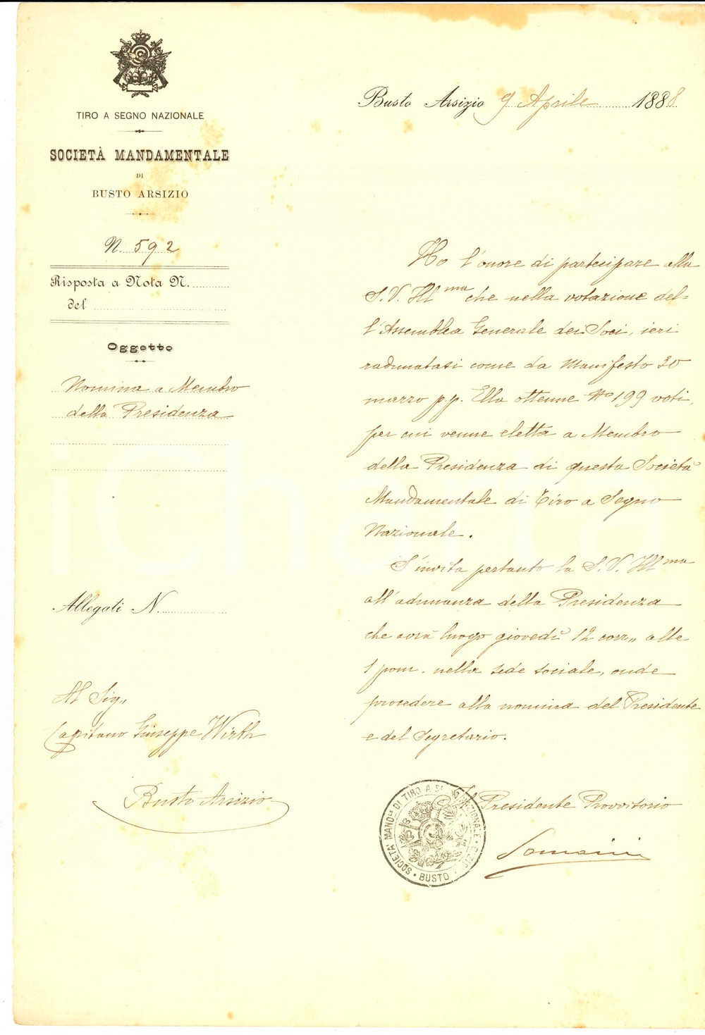 Documento originale, autentico 1888 BUSTO ARSIZIO (VA) Nomina Giuseppe WIRTH a presidenza TIRO A SEGNO 1