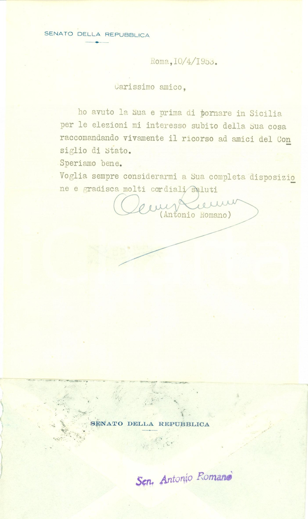 Autografo originale 1953 ROMA Senatore Antonio ROMANO raccomanda Paolo Ettore SANTANGELO *Autografo 1
