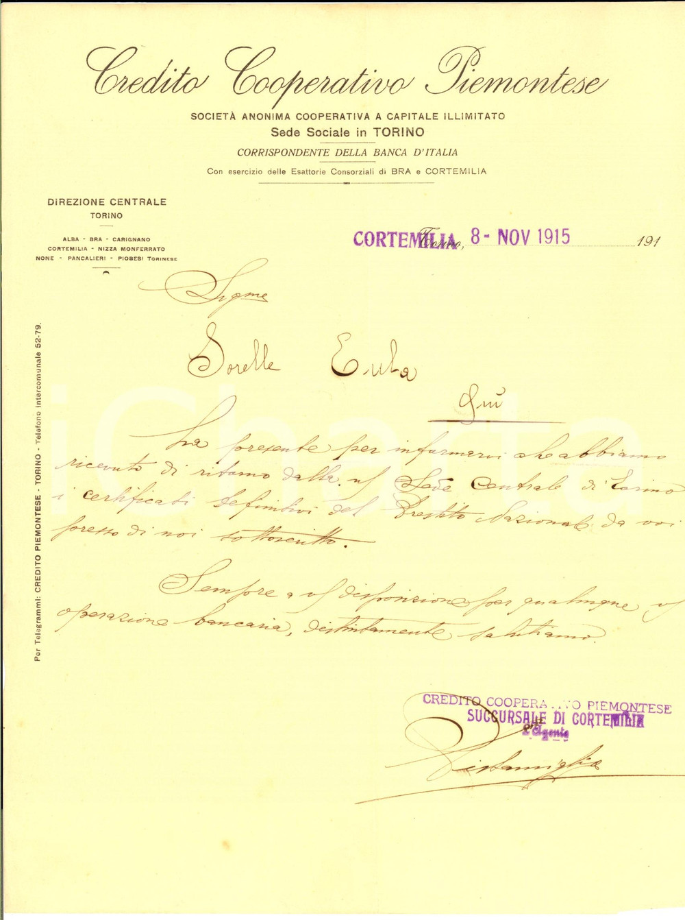 Manoscritto, lettera originale 1915 CORTEMILIA (CN) CREDITO COOPERATIVO PIEMONTESE pro Prestito Nazionale 1