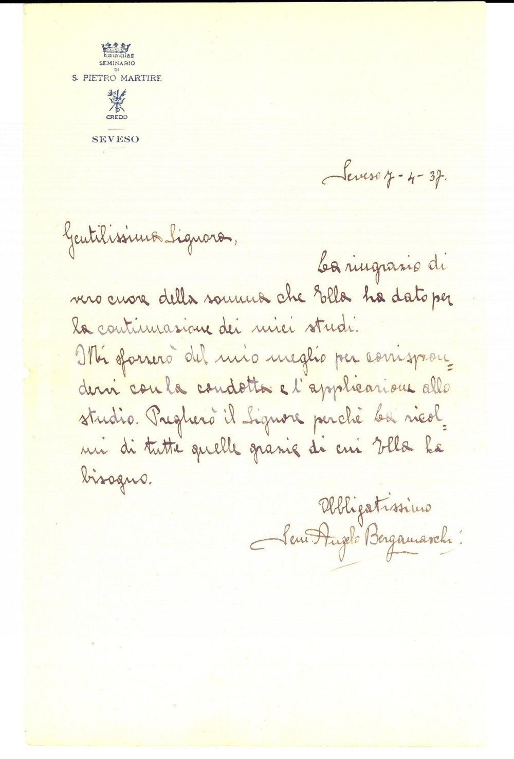Manoscritto, lettera originale 1937 SEVESO (MB) Seminarista Angelo BERGAMASCHI ringrazia la sua benefattrice 1