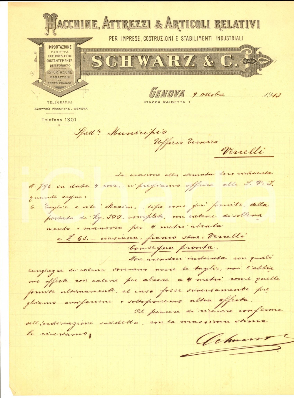 Manoscritto, lettera originale 1913 GENOVA Ditta SCHWARZ & CO invia taglie a vite - *Lettera manoscritta 1