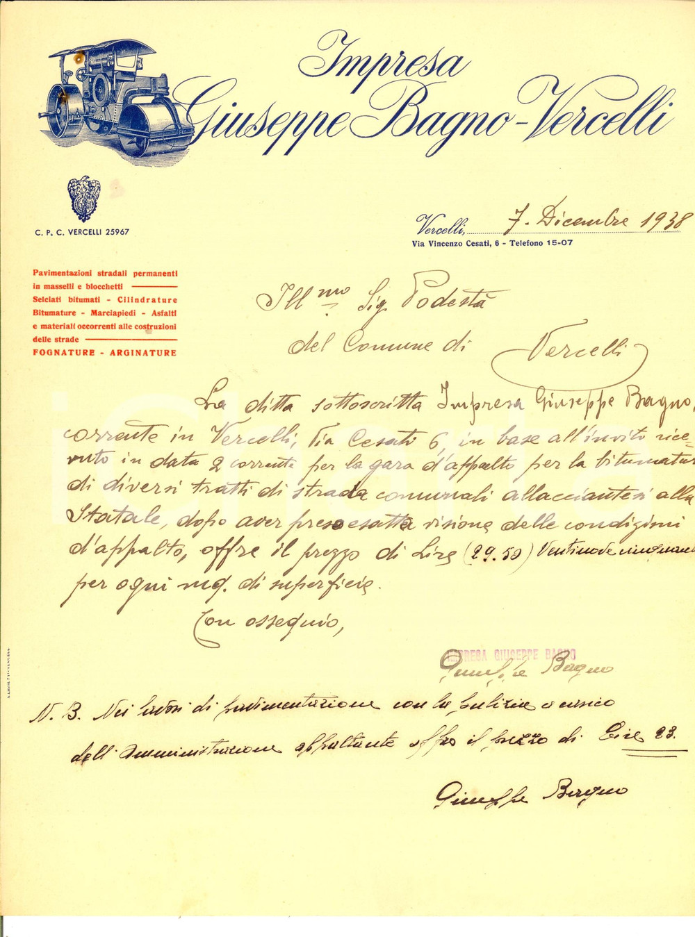 Manoscritto, lettera originale 1938 VERCELLI Impresa Giuseppe BAGNO su bitumatura strada pubblica * Lettera 1
