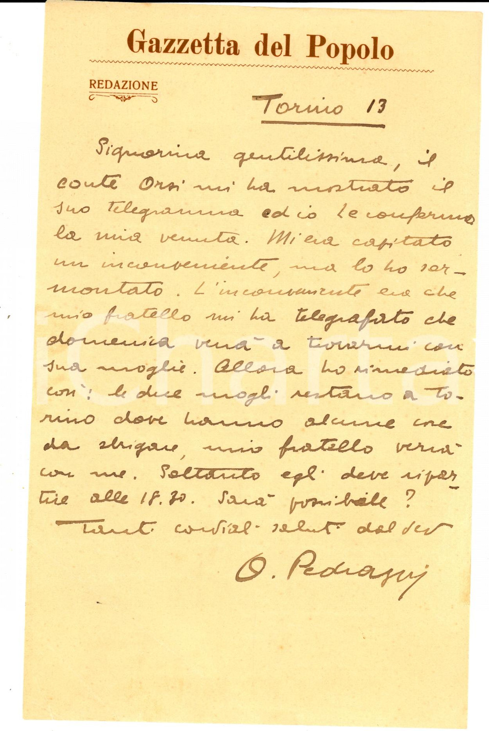 Autografo originale 1920 ca TORINO Orazio PEDRAZZI promette visita al conte ORSI a CASTAGNOLE LANZE 1