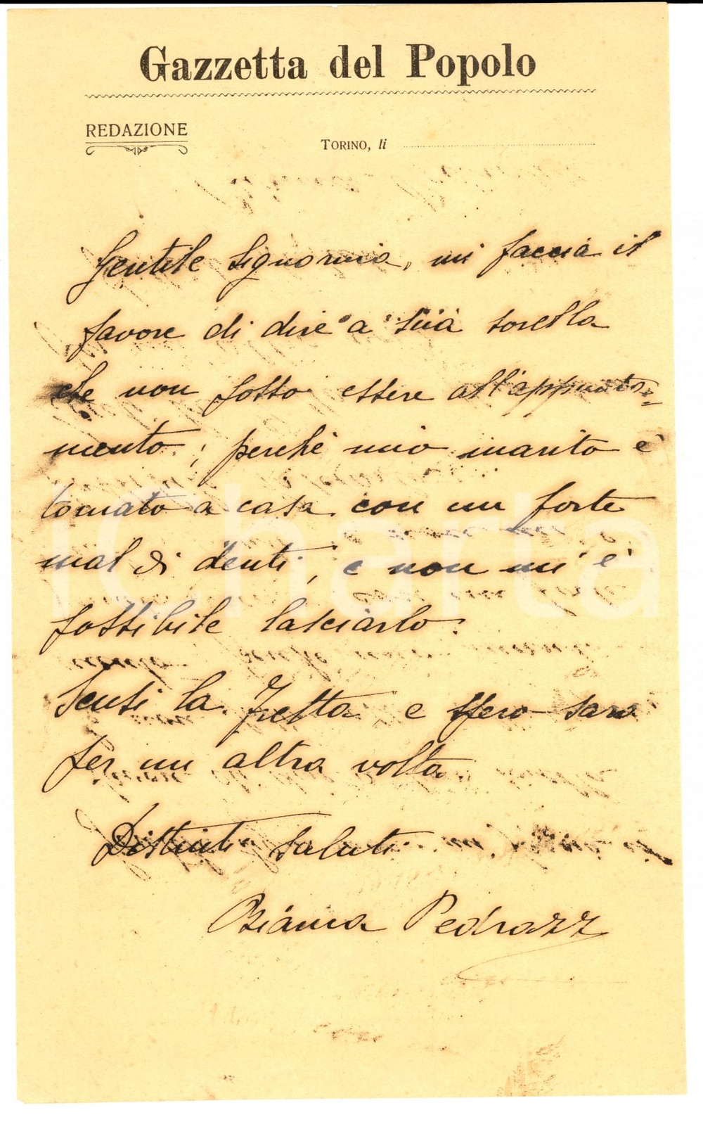 Autografo originale 1920 ca TORINO Bianca PEDRAZZI assiste il marito indisposto *AUTOGRAFO 1