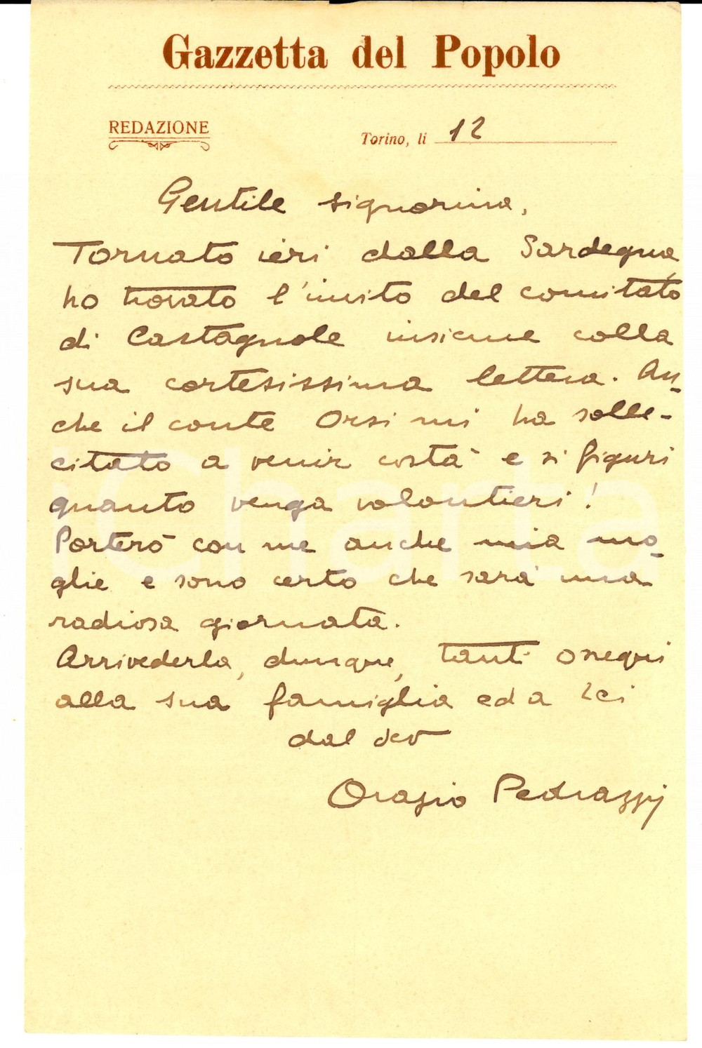 Autografo originale 1920 ca TORINO Orazio PEDRAZZI promette visita al conte ORSI *Autografo 1