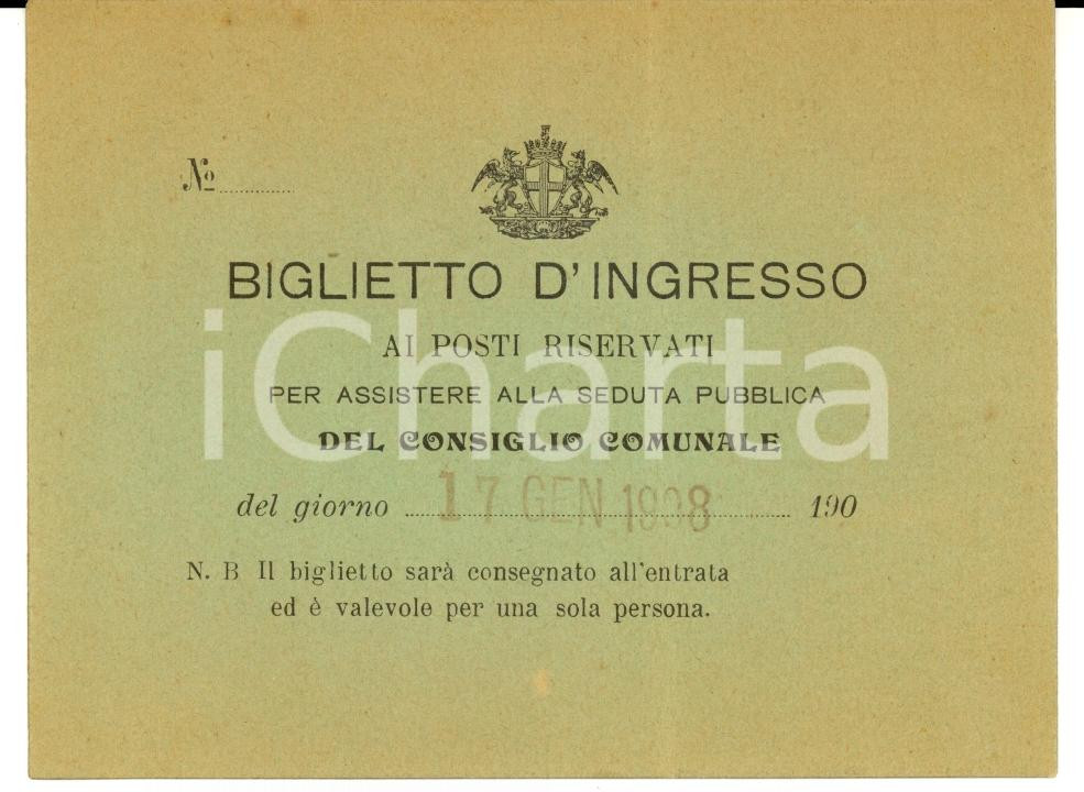 Oggetto da collezione cartaceo 1908 GENOVA Biglietto ingresso per seduta pubblica del Consiglio Comunale 1