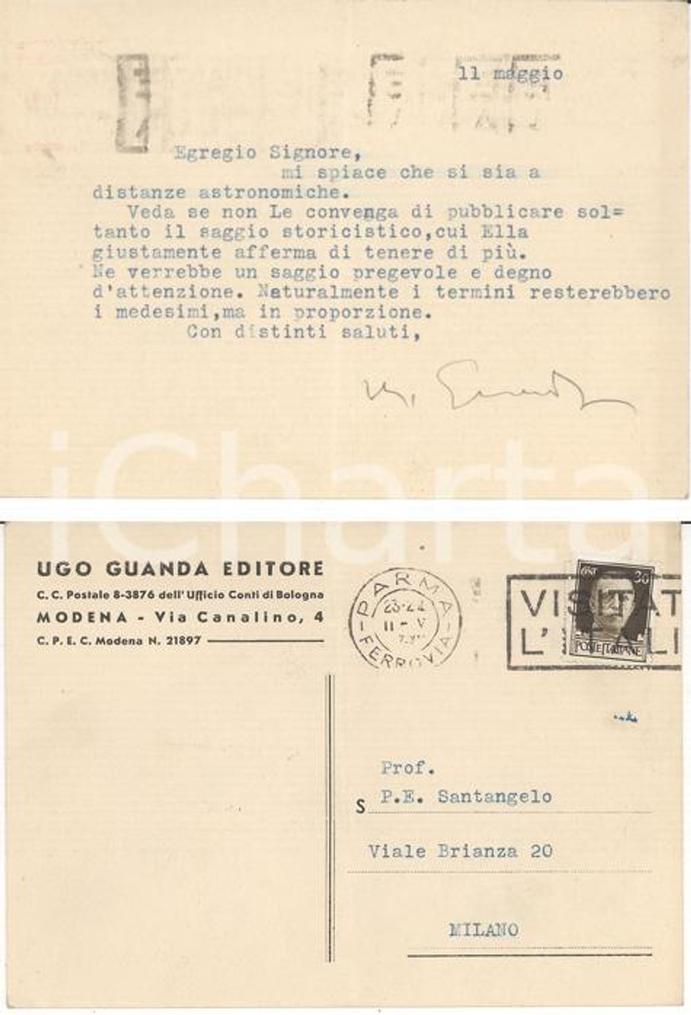 Autografo originale 1942 MODENA Mi spiace che si sia a distanze astronomiche *Autografo Ugo GUANDA 1