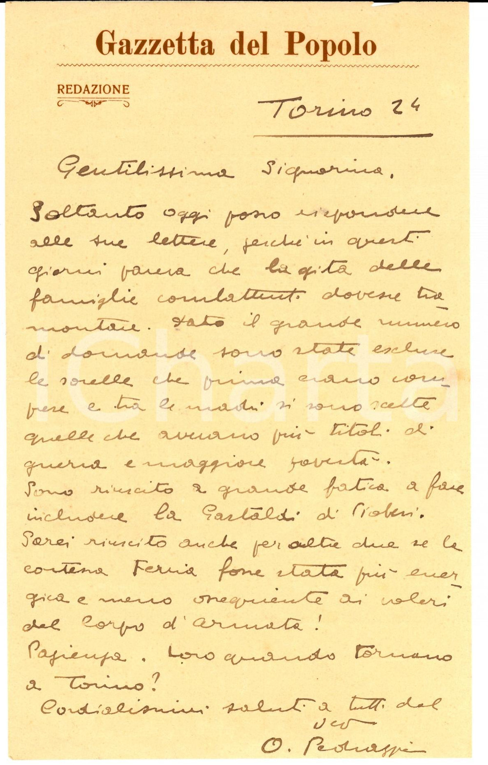 Autografo originale 1920 ca TORINO Orazio PEDRAZZI su gita famiglie combattenti *AUTOGRAFO 1