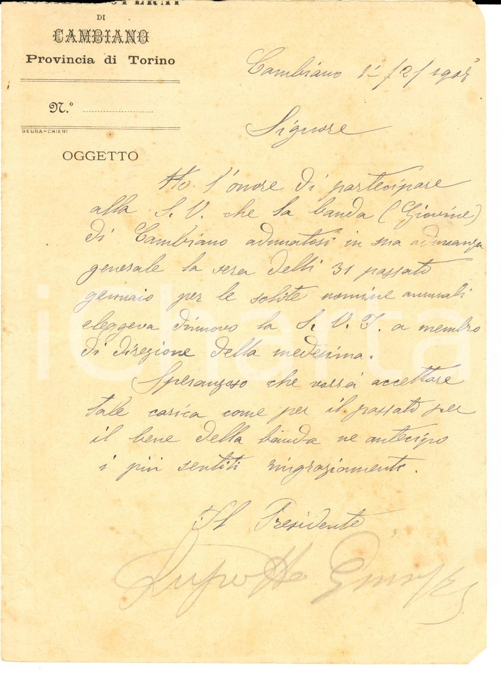 Manoscritto, lettera originale 1907 CAMBIANO (TO) Giuseppe LUPOTTI su direzione banda giovanile *DANNEGGIATA 1