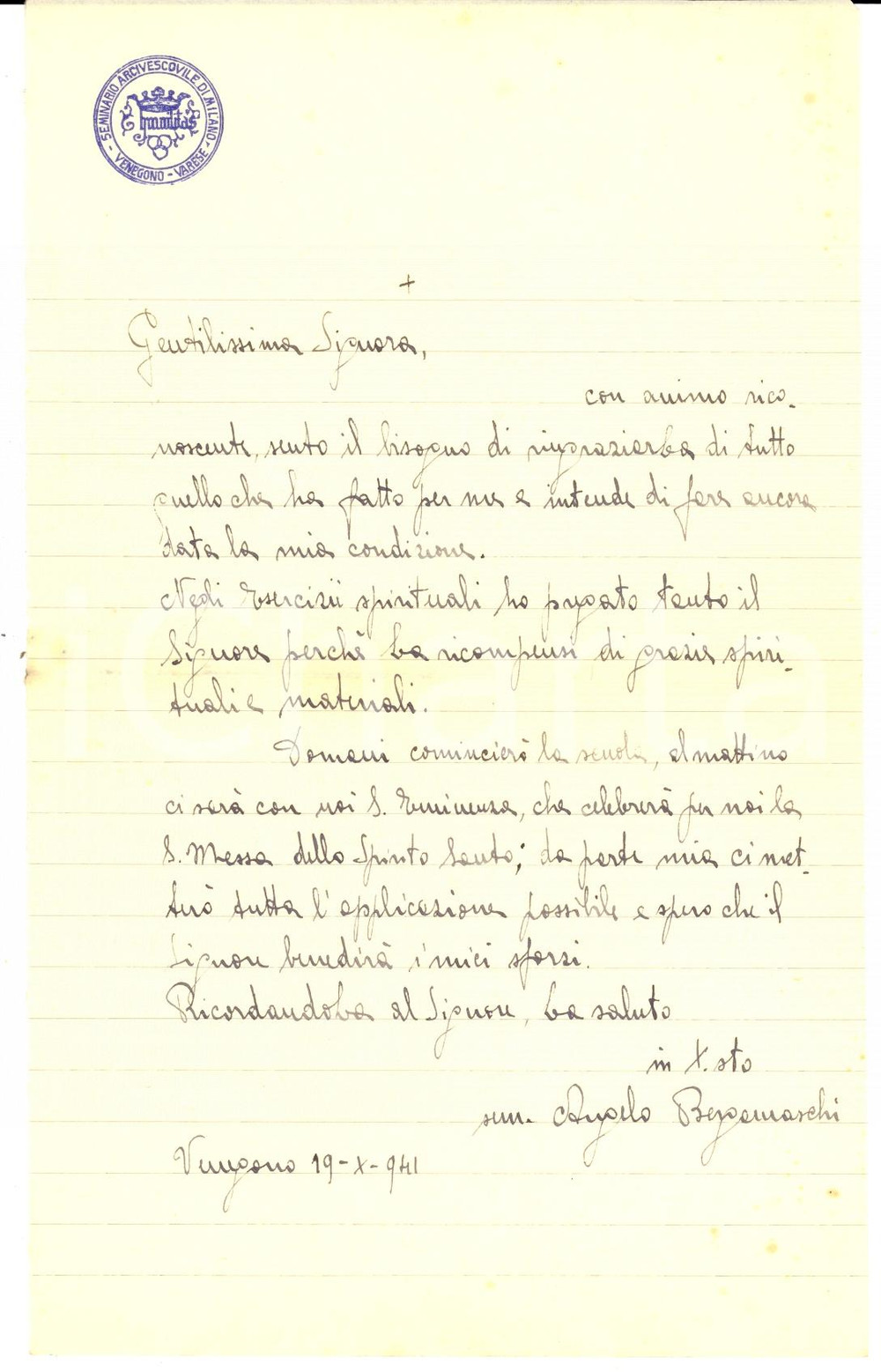 Manoscritto, lettera originale 1941 VENEGONO (VA) Seminarista Angelo BERGAMASCHI alla sua benefattrice *Lettera 1